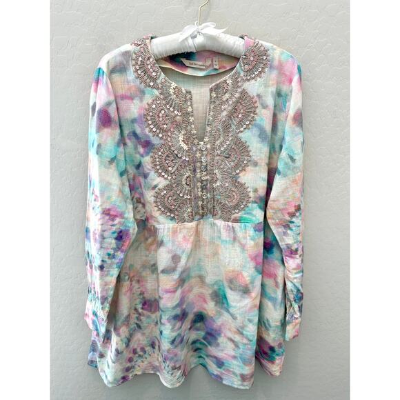 SOFT SURROUNDINGS | Embellished Sequin Tunic Top Watercolor Pastel Boho | Large - Picture 1 of 8